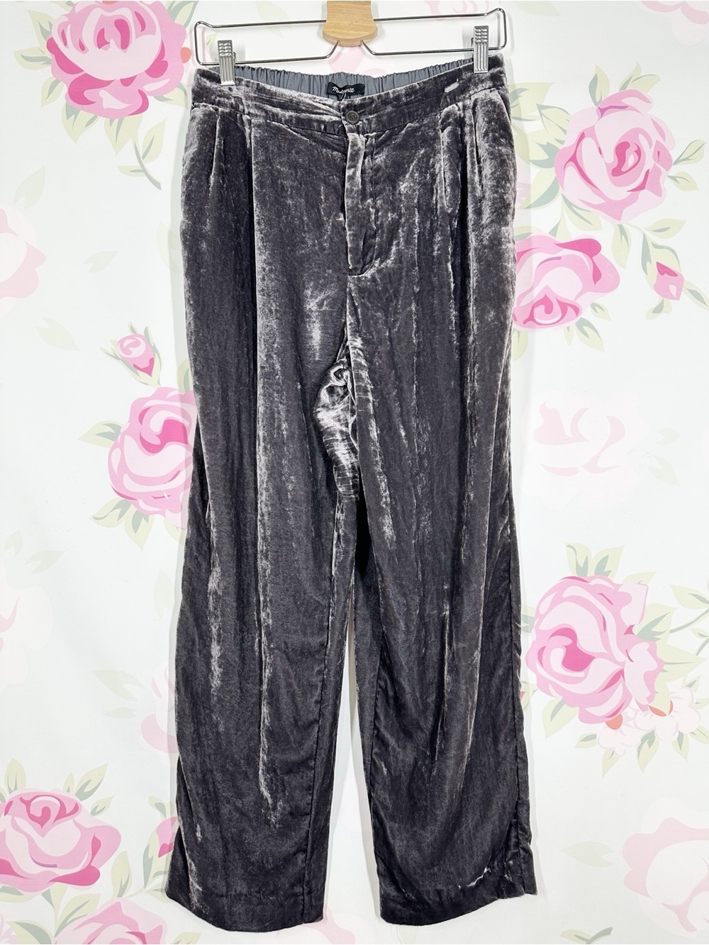 Madewell Women’s Crushed Velvet Pants in Charcoal Gray Straight Leg Trousers M